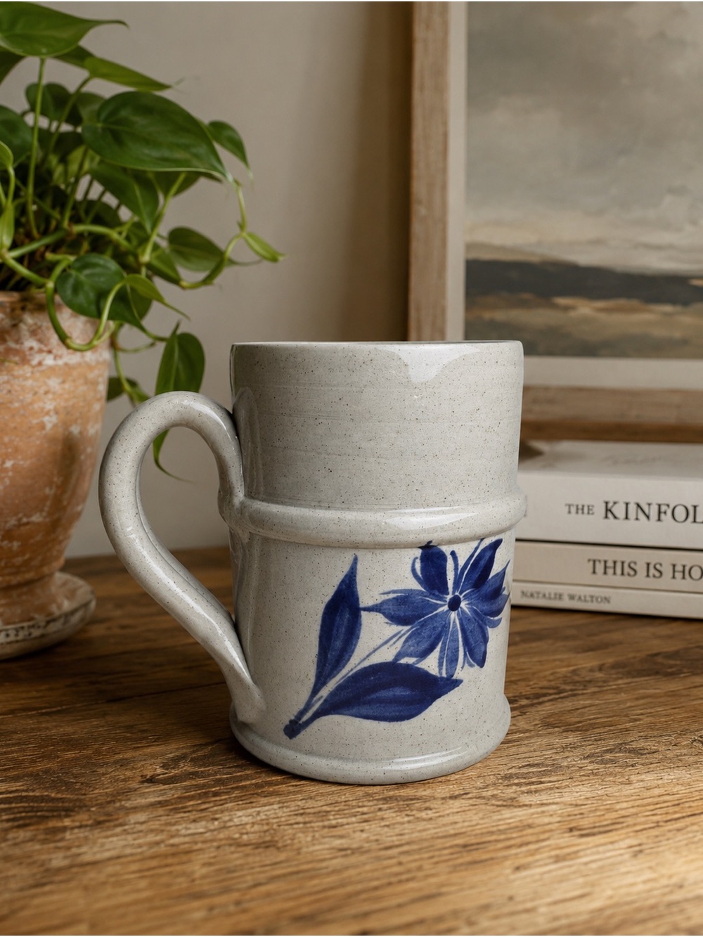 Handmade Stoneware Floral Mug in Speckled Gray with Blue Flower